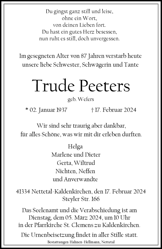 Traueranzeige von Trude Peeters von trauer.extra-tipp-moenchengladbach.de