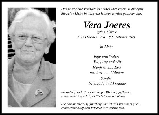 Traueranzeige von Vera Joeres von trauer.extra-tipp-moenchengladbach.de