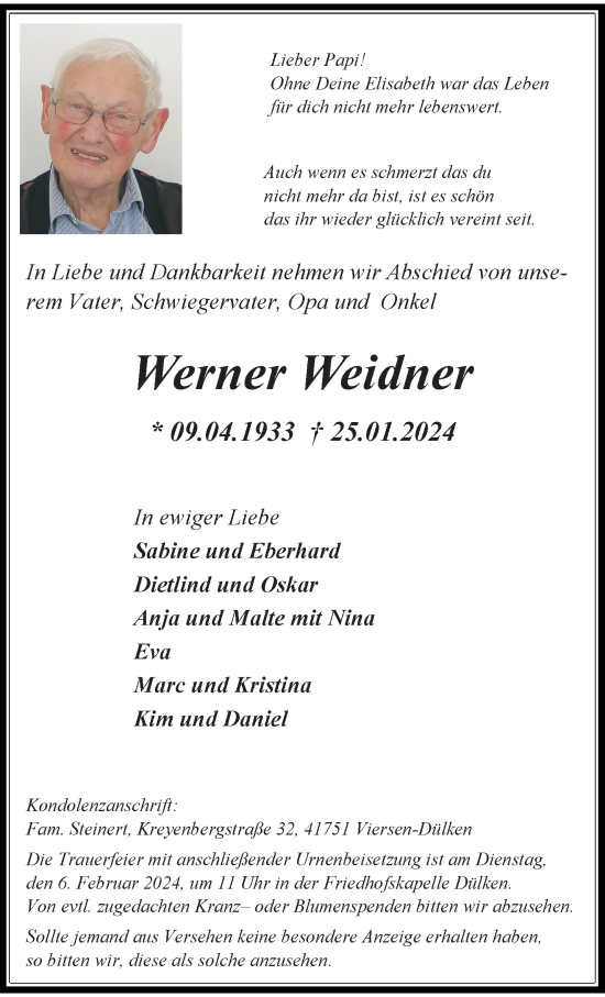 Traueranzeige von Werner Weidner von trauer.extra-tipp-moenchengladbach.de