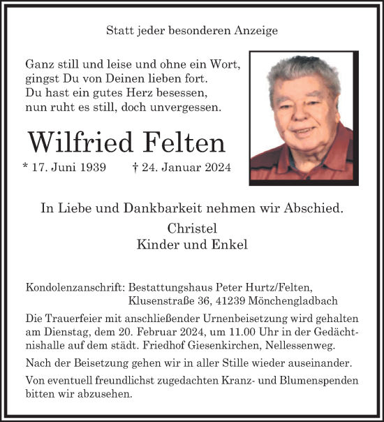 Traueranzeige von Wilfried Felten von trauer.extra-tipp-moenchengladbach.de