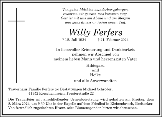 Traueranzeige von Willy Ferfers von trauer.extra-tipp-moenchengladbach.de