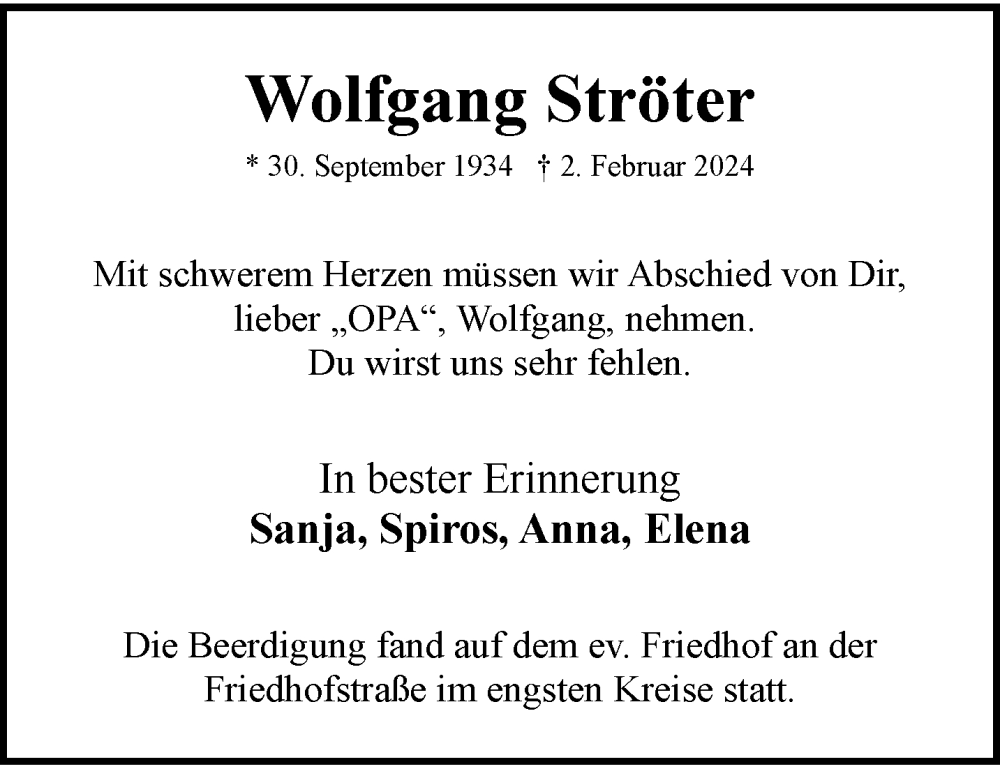  Traueranzeige für Wolfgang Ströter vom 10.02.2024 aus trauer.wuppertaler-rundschau.de