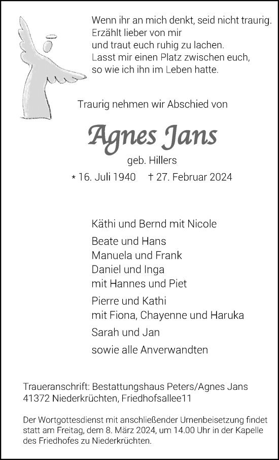 Traueranzeige von Agnes Jans von trauer.extra-tipp-moenchengladbach.de