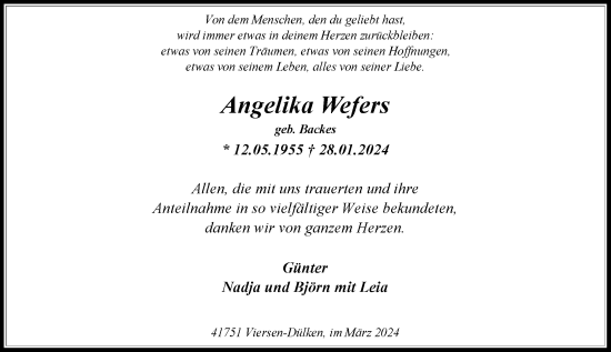 Traueranzeige von Angelika Wefers von trauer.extra-tipp-moenchengladbach.de