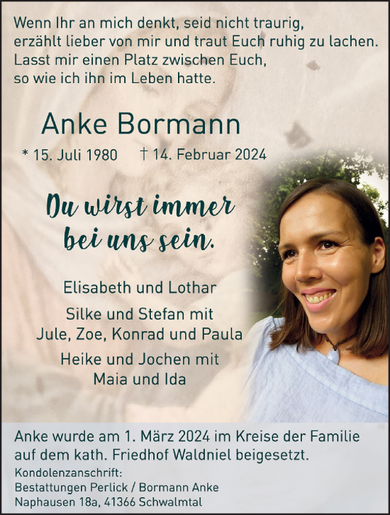 Traueranzeige von Anke Bormann von trauer.extra-tipp-moenchengladbach.de