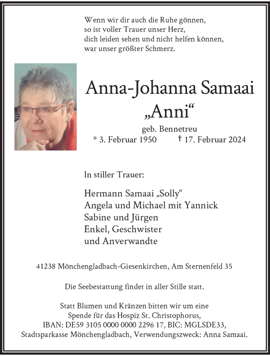 Traueranzeige von Anna Johanna Samaai von trauer.extra-tipp-moenchengladbach.de