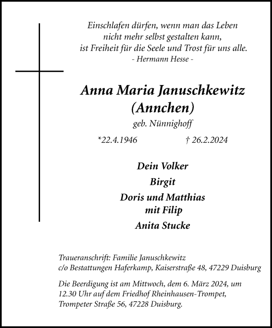 Traueranzeige von Anna Maria Januschkewitz von trauer.extra-tipp-moenchengladbach.de