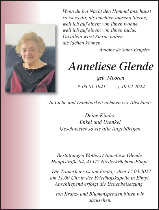 Traueranzeige von Anneliese Glende von trauer.extra-tipp-moenchengladbach.de