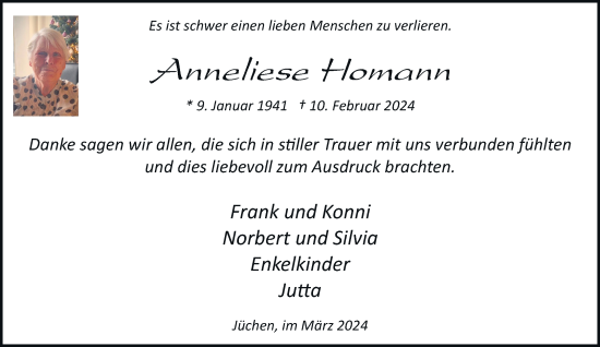 Traueranzeige von Anneliese Homann von trauer.stadt-kurier.de