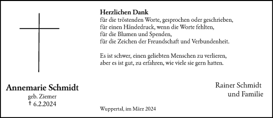 Traueranzeige von Annemarie Schmidt von trauer.wuppertaler-rundschau.de
