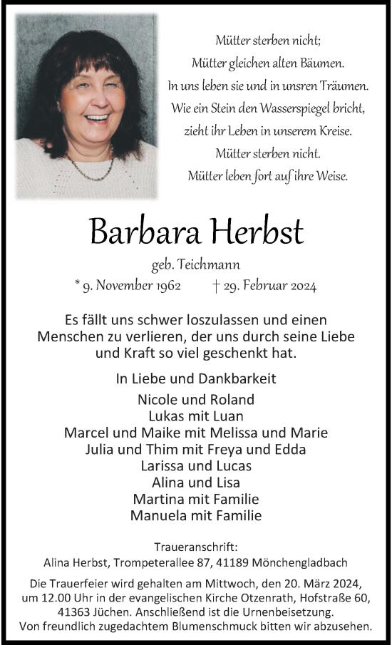 Traueranzeige von Barbara Herbst von trauer.extra-tipp-moenchengladbach.de