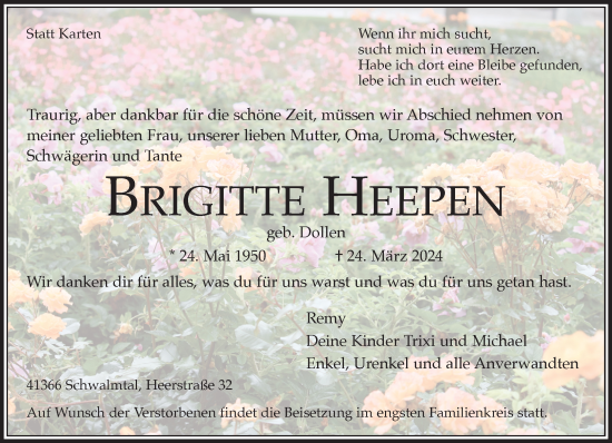 Traueranzeige von Brigitte Heepen von trauer.extra-tipp-moenchengladbach.de