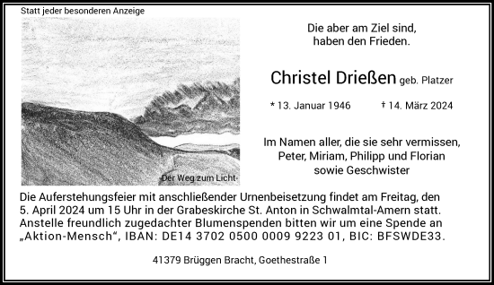 Traueranzeige von Christel Drießen von trauer.extra-tipp-moenchengladbach.de