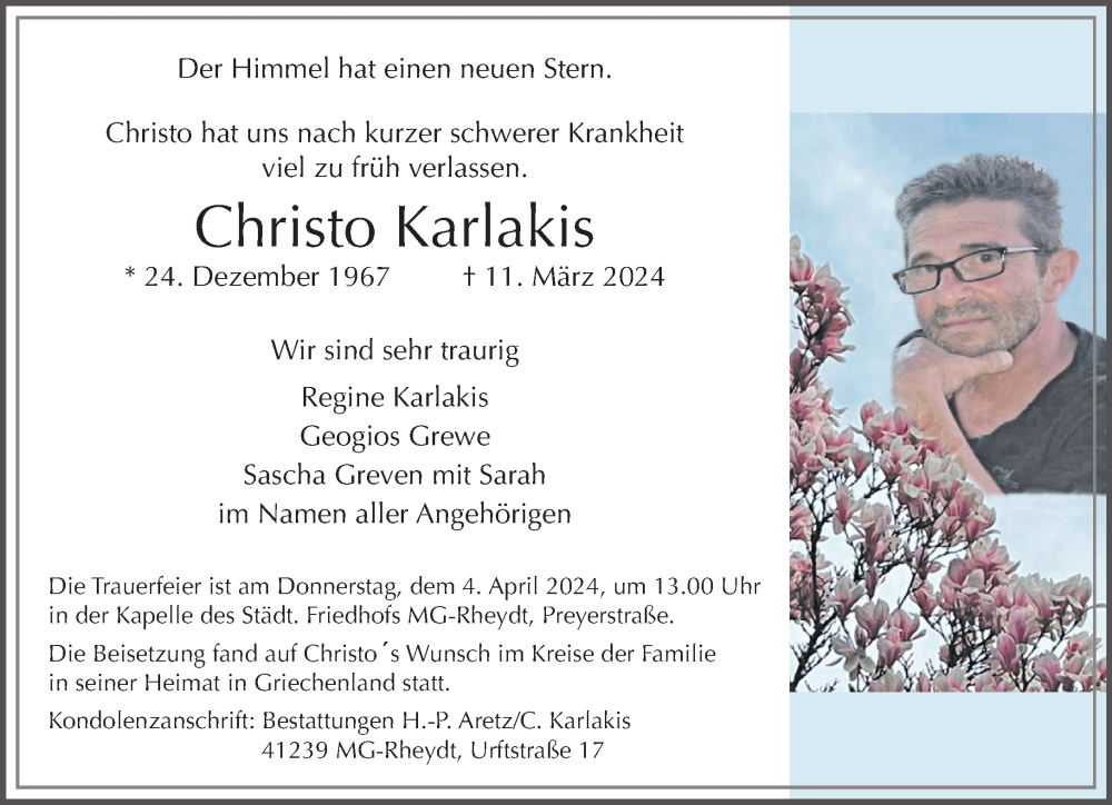  Traueranzeige für Christo Karlakis vom 24.03.2024 aus trauer.extra-tipp-moenchengladbach.de