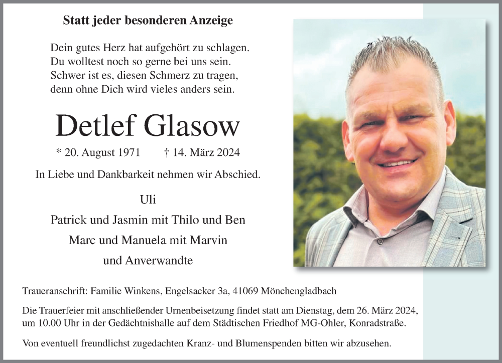  Traueranzeige für Detlef Glasow vom 24.03.2024 aus trauer.extra-tipp-moenchengladbach.de