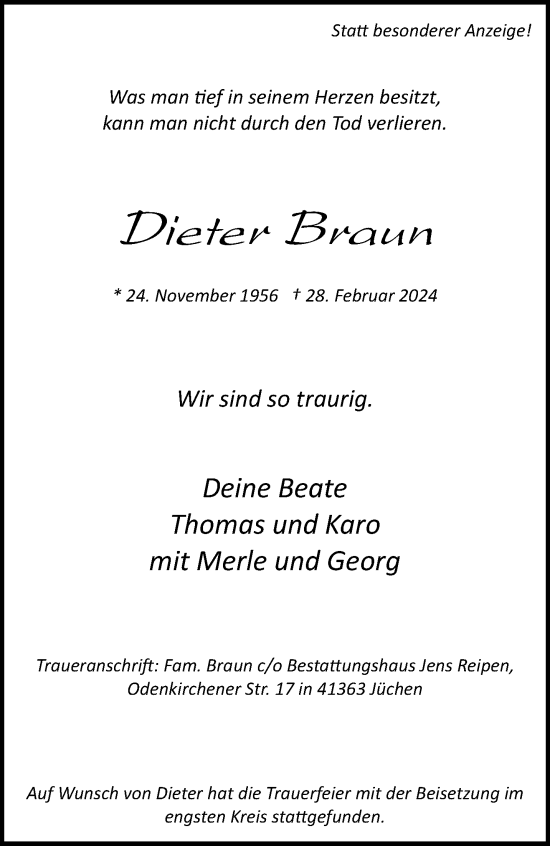 Traueranzeige von Dieter Braun von trauer.stadt-kurier.de