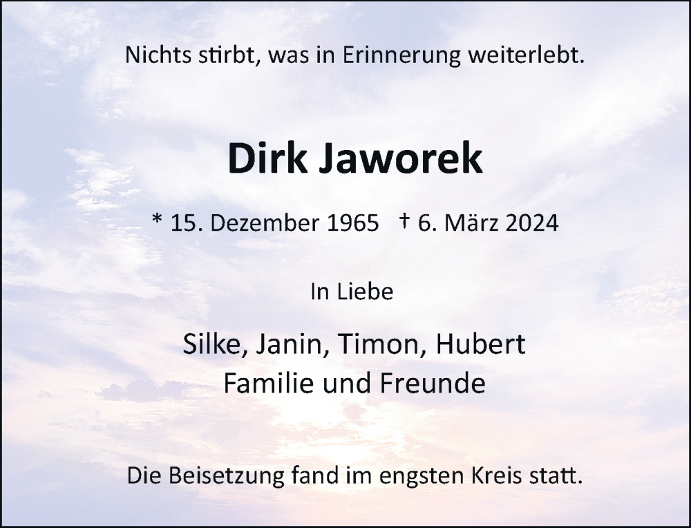  Traueranzeige für Dirk Jaworek vom 31.03.2024 aus trauer.extra-tipp-moenchengladbach.de