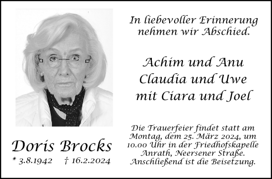 Traueranzeige von Doris Brocks von trauer.extra-tipp-moenchengladbach.de