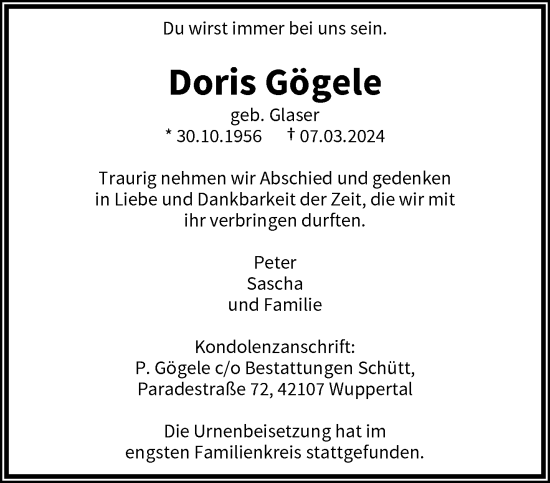 Traueranzeige von Doris Gögele von trauer.wuppertaler-rundschau.de