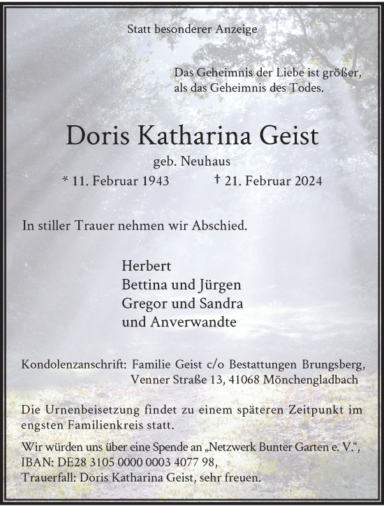 Traueranzeige von Doris Katharina Geist von trauer.extra-tipp-moenchengladbach.de