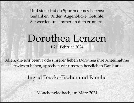 Traueranzeige von Dorothea Lenzen von trauer.extra-tipp-moenchengladbach.de