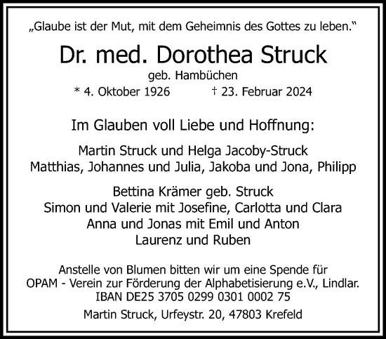 Traueranzeige von Dorothea Struck von trauer.extra-tipp-moenchengladbach.de