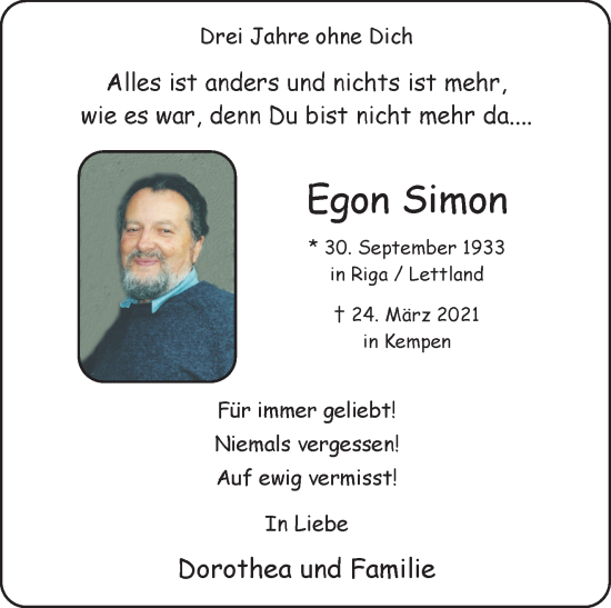 Traueranzeige von Egon Simon von trauer.extra-tipp-moenchengladbach.de