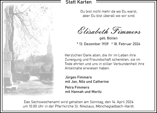 Traueranzeige von Elisabeth Fimmers von trauer.extra-tipp-moenchengladbach.de