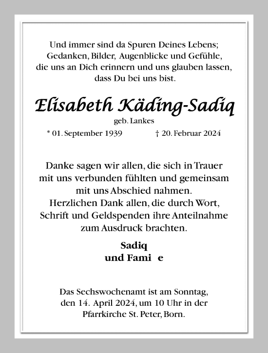 Traueranzeige von Elisabeth Käding-Sadiq von trauer.extra-tipp-moenchengladbach.de