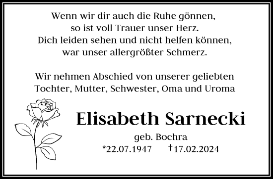 Traueranzeige von Elisabeth Sarnecki von trauer.wuppertaler-rundschau.de