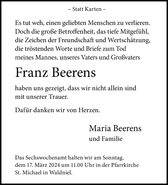 Traueranzeige von Franz Beerens von trauer.extra-tipp-moenchengladbach.de