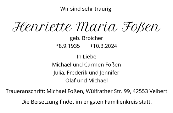 Traueranzeige von geienrica Maria Foßen von trauer.wuppertaler-rundschau.de