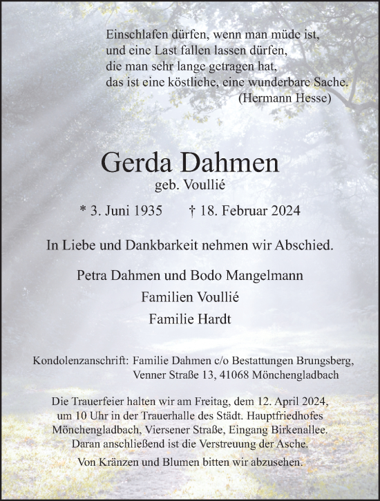Traueranzeige von Gerda Dahmen von trauer.extra-tipp-moenchengladbach.de