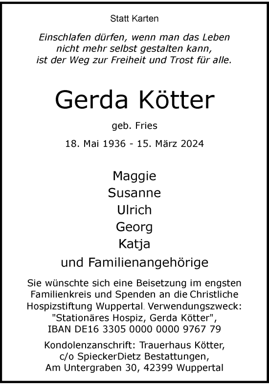 Traueranzeige von Gerda Kötter von trauer.wuppertaler-rundschau.de