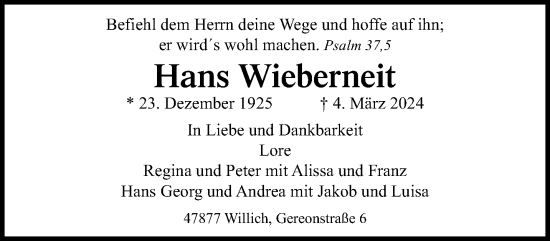 Traueranzeige von Hans Wieberneit von trauer.extra-tipp-moenchengladbach.de