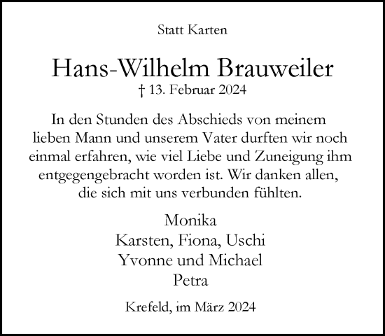 Traueranzeige von Hans-Wilhelm Brauweiler von trauer.extra-tipp-moenchengladbach.de