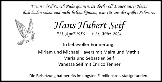 Traueranzeige von Hans Hubert Seif von trauer.extra-tipp-moenchengladbach.de
