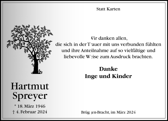 Traueranzeige von Hartmut Spreyer von trauer.extra-tipp-moenchengladbach.de