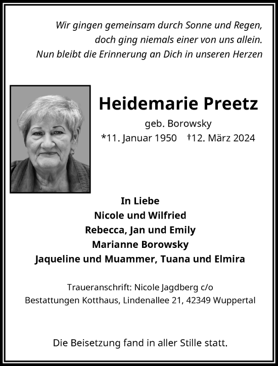 Traueranzeige von Heidemarie Preetz von trauer.wuppertaler-rundschau.de
