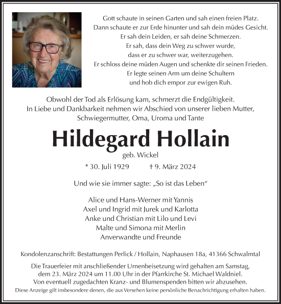 Traueranzeige von Hildegard Hollain von trauer.extra-tipp-moenchengladbach.de