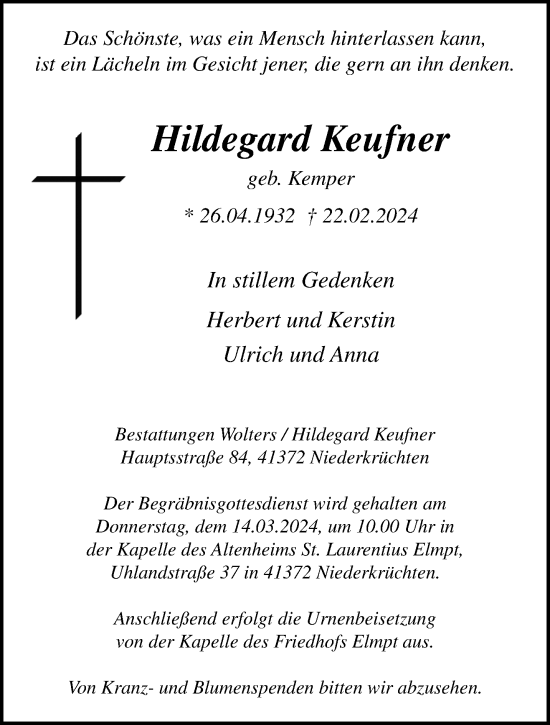 Traueranzeige von Hildegard Keufner von trauer.extra-tipp-moenchengladbach.de