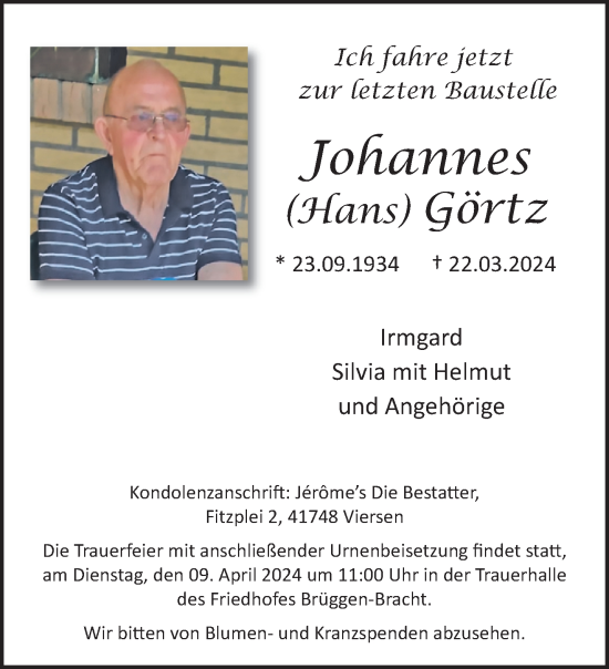 Traueranzeige von Johannes Görtz von trauer.extra-tipp-moenchengladbach.de