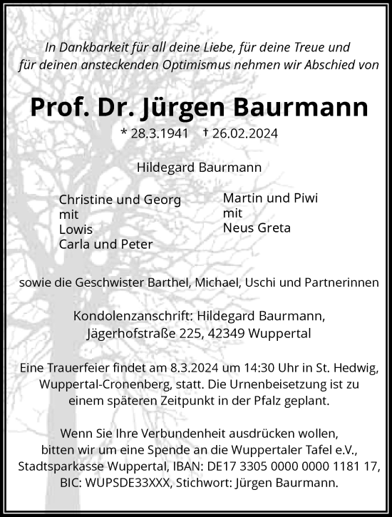 Traueranzeige von Jürgen Baurmann von trauer.wuppertaler-rundschau.de