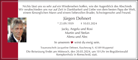 Traueranzeige von Jürgen Dehnert von trauer.wuppertaler-rundschau.de