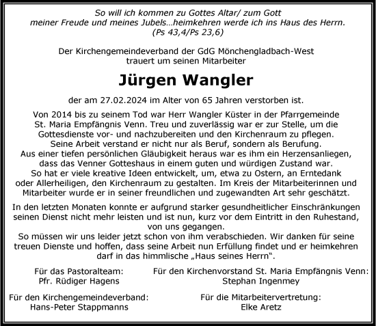 Traueranzeige von Jürgen Wangler von trauer.extra-tipp-moenchengladbach.de