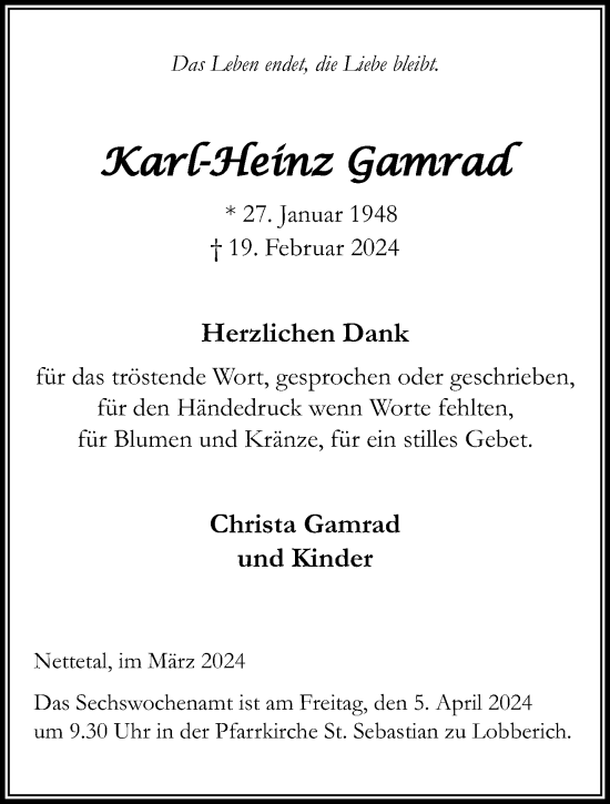 Traueranzeige von Karl-Heinz Gamrad von trauer.extra-tipp-moenchengladbach.de