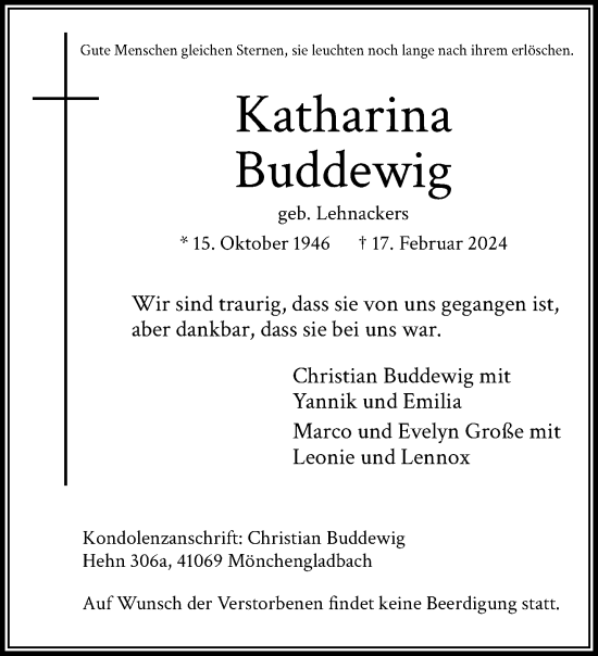 Traueranzeige von Katharina Buddewig von trauer.extra-tipp-moenchengladbach.de