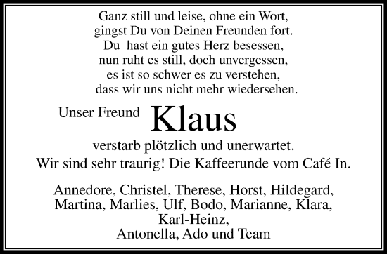 Traueranzeige von Klaus  von trauer.extra-tipp-moenchengladbach.de