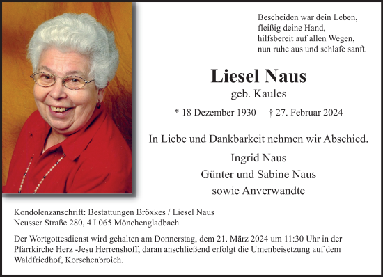 Traueranzeige von Liesel Naus von trauer.extra-tipp-moenchengladbach.de