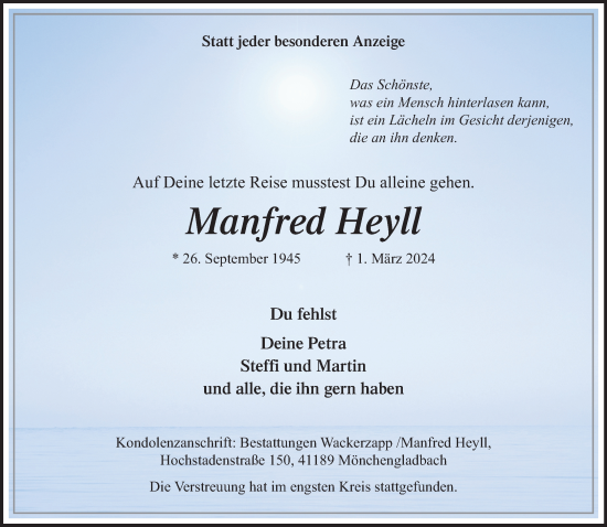 Traueranzeige von Manfred Heyll von trauer.extra-tipp-moenchengladbach.de